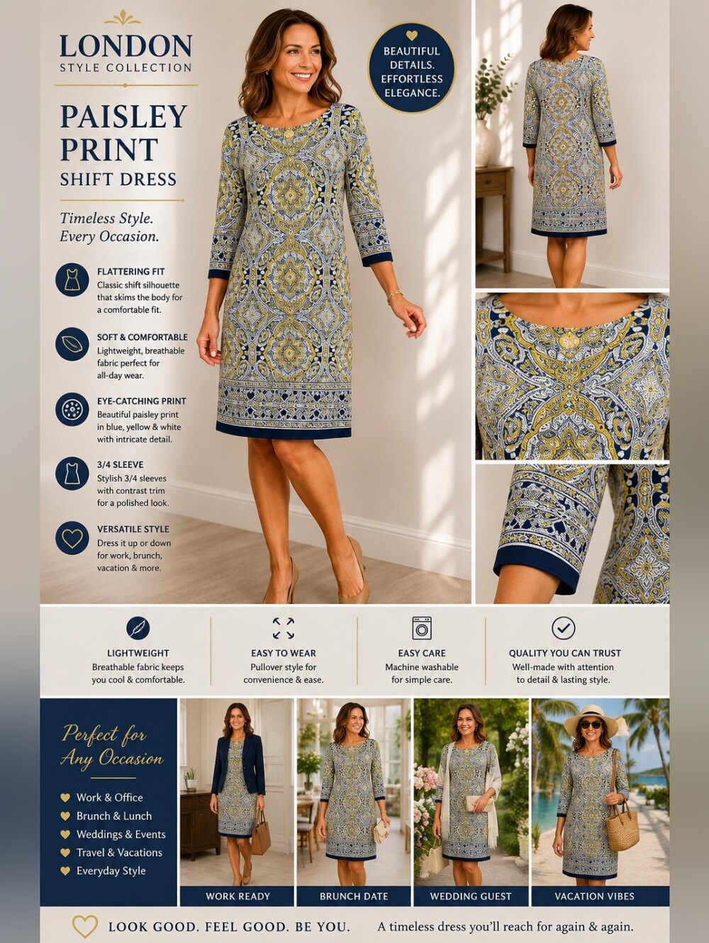 London Style Collection Blue Yellow Paisley Shift Dress Women's Size 16